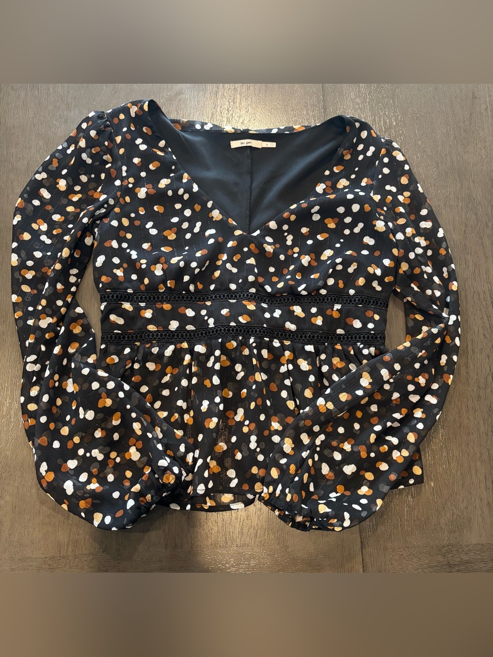 miami Black V-Neck Peplum Blouse with White & Brown Dot Print